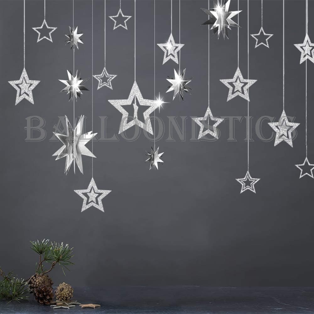 Balloonistics Glitter Silver Star Garlands Kit – Pack of 11 Metallic 3D Star Hanging Paper Garlands for Birthday, Wedding, Baby Shower & Christmas Decorations thumbnail 1
