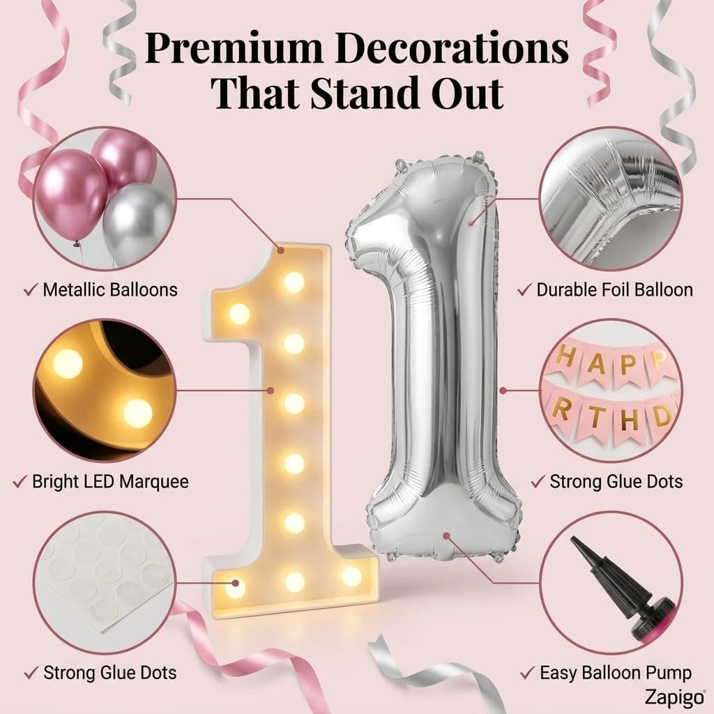 Balloonistics 15th Birthday Decoration Combo Kit - 40 Inch Silver Foil Number Balloon, LED Marquee Light, 50 Silver & Pink Balloons, Happy Birthday Banner, Balloon Pump & Glue Dots thumbnail 5