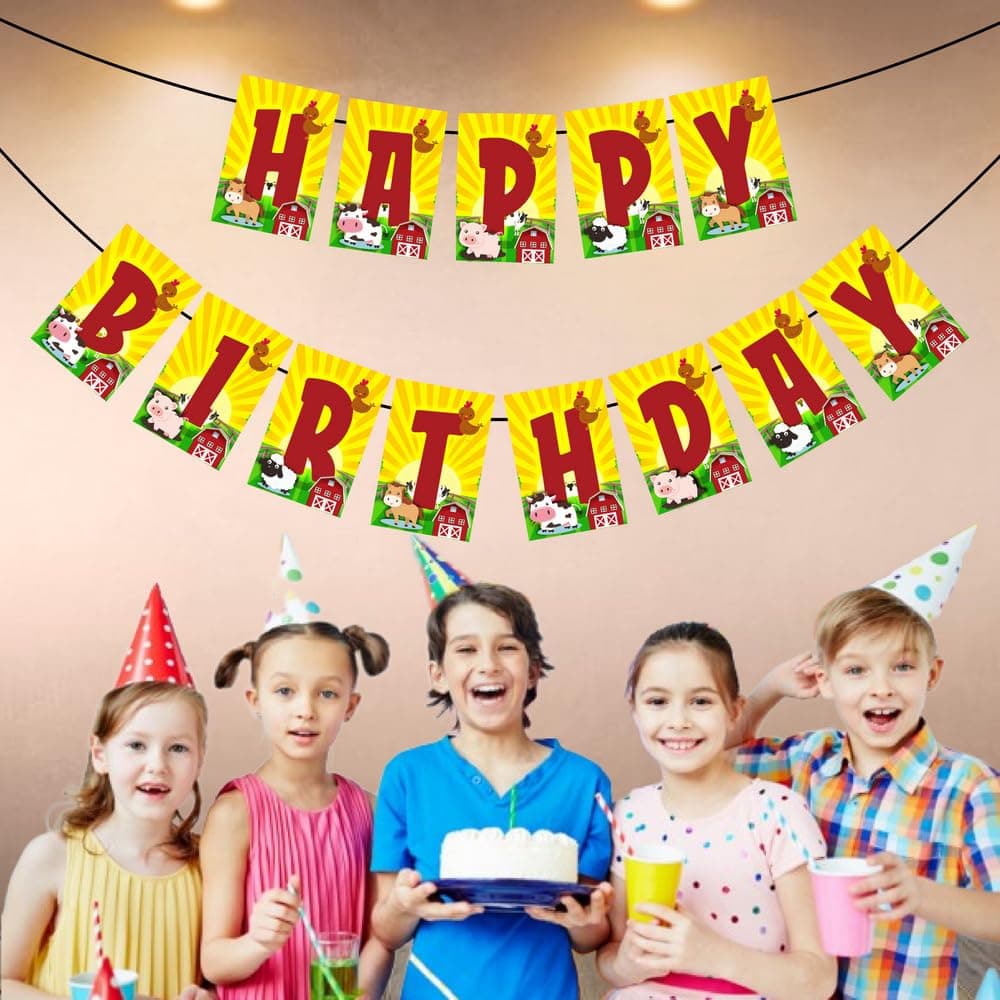 Balloonistics Farm Theme Happy Birthday Banner - "Join the Herd" Barnyard Bunting - Premium Cardstock Red Tractor & Cow Birthday Decoration with Ribbons, Rustic Country Party & Dessert Table Backdrop (Happy Birthday Banner) thumbnail 3