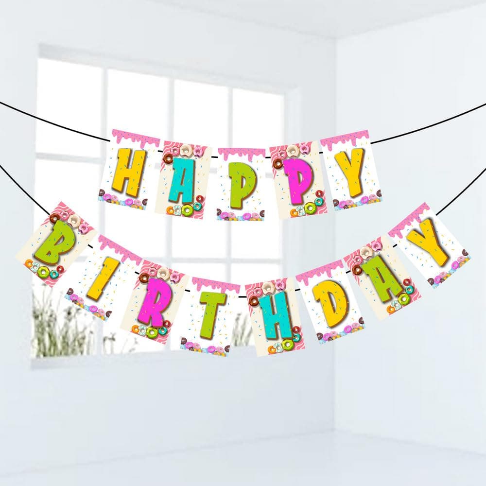 Balloonistics Donut Sprinkles Theme Happy Birthday Banner for Kids and Adult Theme Party thumbnail 1