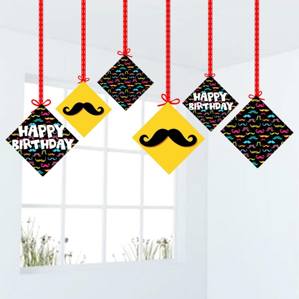Balloonistics Mustache Happy Birthday Hanging Decorations (Pack of 12) - Double-Sided Cardstock "Little Man" Birthday Bunting - Dapper Mustache & Bowtie Room Decor with Ribbons for Boys & Men’s Parties (Hangings - Pack of 12) thumbnail 1