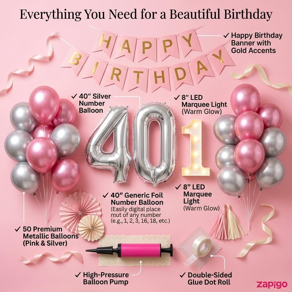 Balloonistics 15th Birthday Decoration Combo Kit - 40 Inch Silver Foil Number Balloon, LED Marquee Light, 50 Silver & Pink Balloons, Happy Birthday Banner, Balloon Pump & Glue Dots thumbnail 2