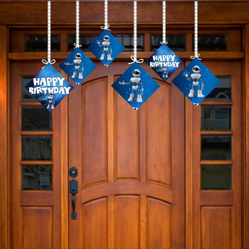 Balloonistics Robot Theme Happy Birthday Hanging Decorations - Pack of 12 Double-Sided Cardstock Cutouts with Hanging Ribbons - Futuristic Sci-Fi Party Decor for Ceiling, Walls & Windows, Space & Tech Theme (Hangings - Pack of 12) thumbnail 3
