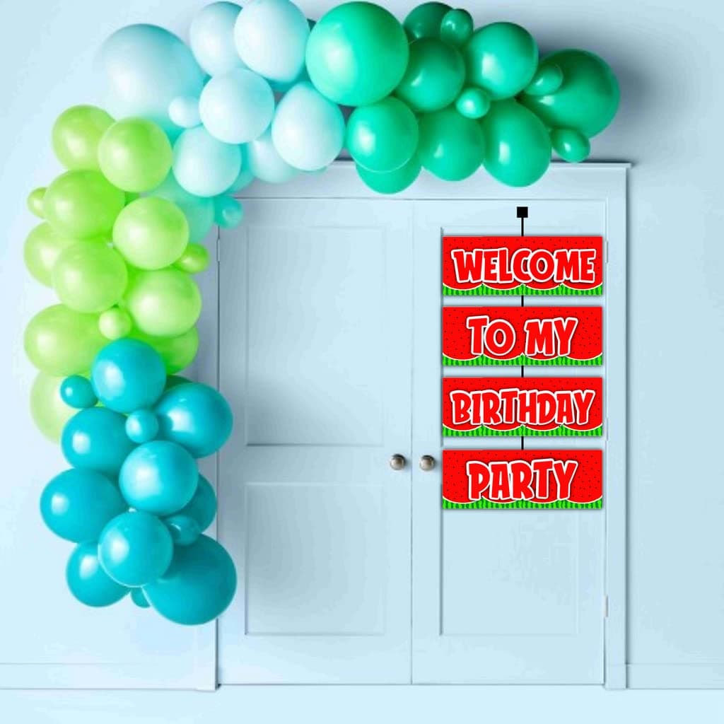 Balloonistics Watermelon Theme Welcome To My Birthday Party Sign – 2.3 Feet Vertical Hanging Door Banner – Single-Sided Cardstock Wall Decor with Ribbons for Summer Picnic & One in a Melon Birthdays thumbnail 3