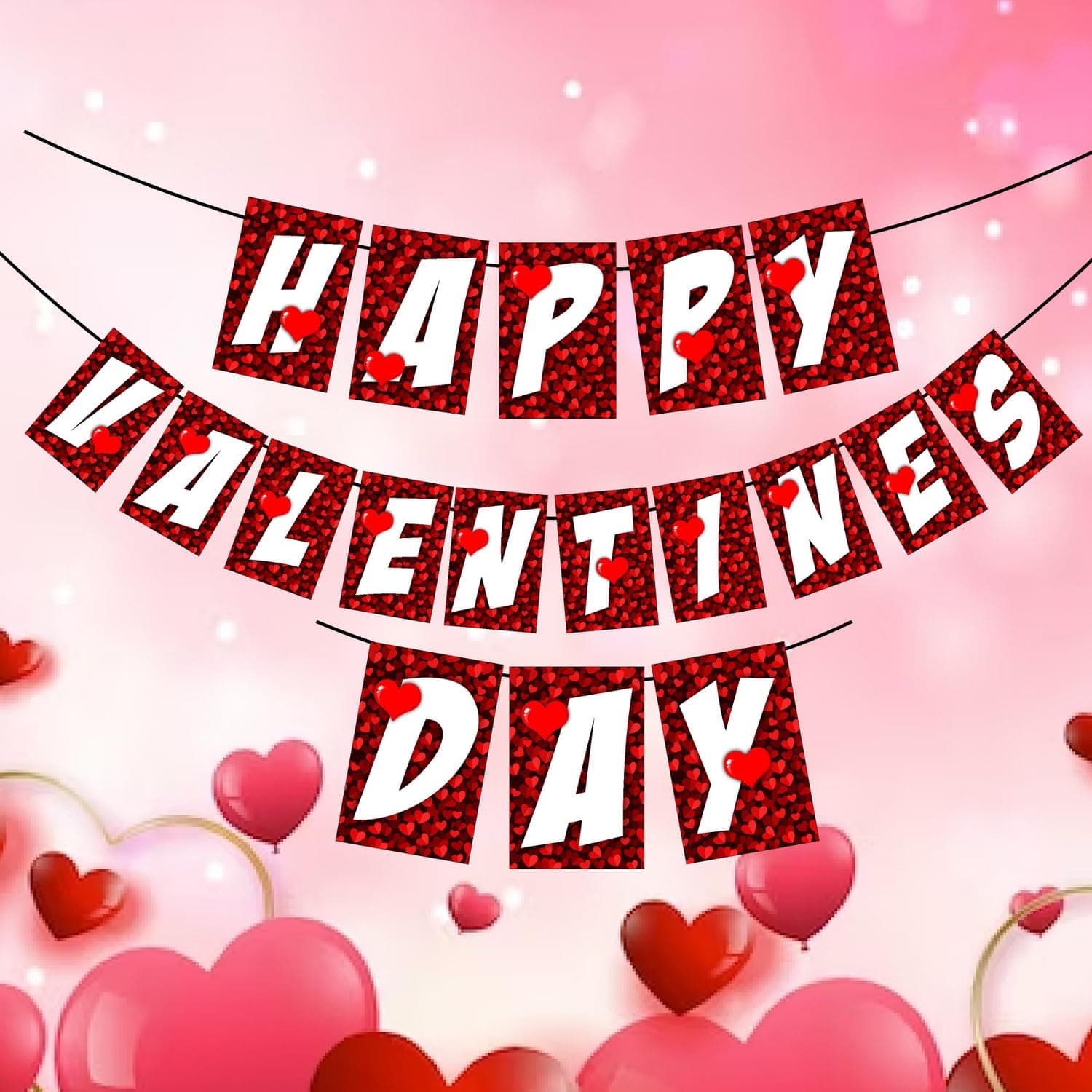 Balloonistics Happy Valentine’s Day Banner - Red Glitter Heart Cardstock Bunting - Romantic Holiday Party Decorations, "Happy Valentine’s Day" Love-Themed Backdrop thumbnail 1