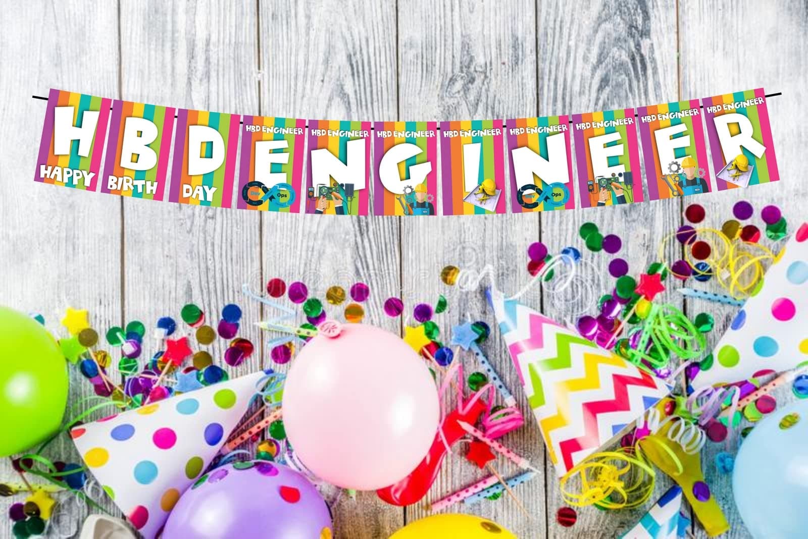 Balloonistics HBD Engineer Happy Birthday Banner - STEM & Tech Theme Rainbow Cardstock Bunting - Civil, Mechanical & Software Engineer Party Decorations, "Building the Best Year" Backdrop thumbnail 2