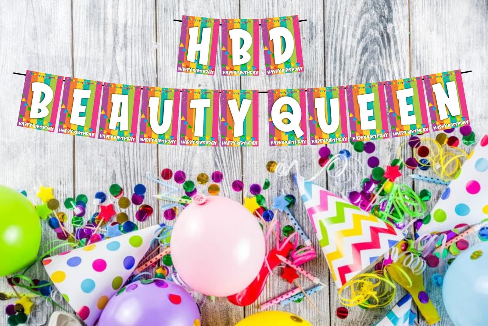 Balloonistics Beauty Queen Happy Birthday Banner - Vibrant Rainbow & Bunting Cardstock Bunting - Pageant, Princess & Diva Theme Birthday Decorations, "HBD Beauty Queen" Backdrop thumbnail 2