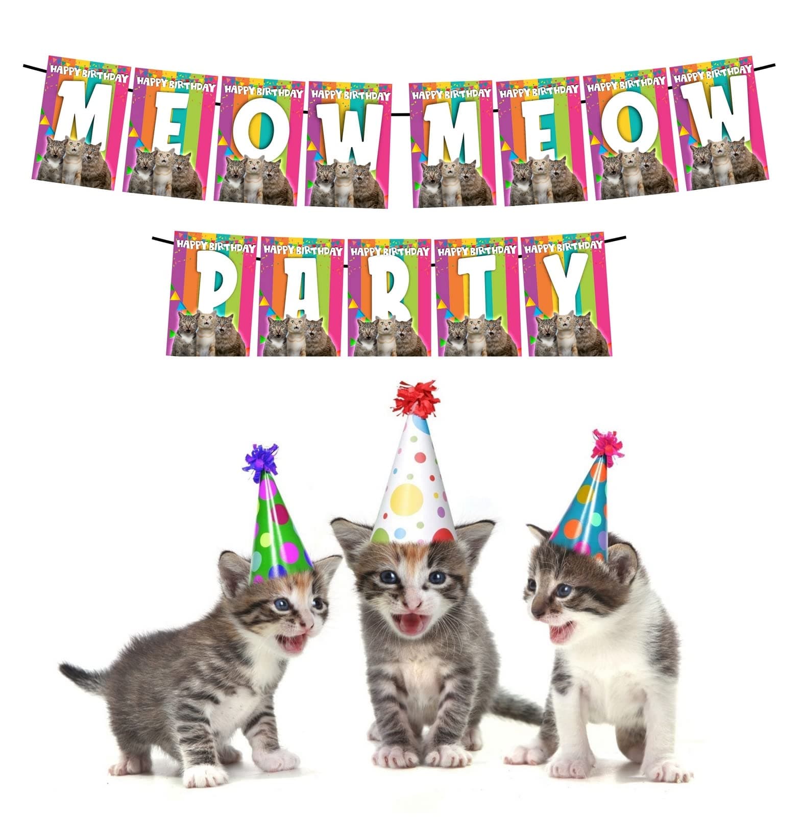 Balloonistics Meow Meow Cat Party Birthday Banner - Purr-fect Kitty Cardstock Bunting for Kids & Cat Lovers - Kitten Party Decorations, Paw-ty Time Backdrop thumbnail 2