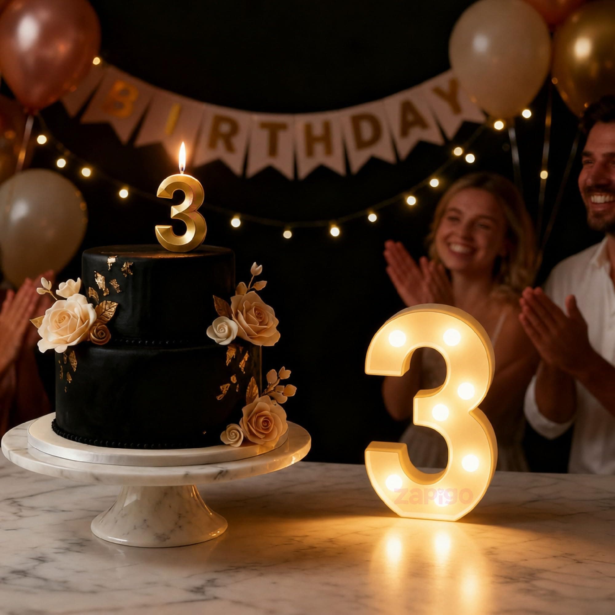 Balloonistics Number 3 LED Marquee Light & Gold Number 3 Birthday Candle Combo - 9-Inch Warm White Marquee Sign + Metallic Gold Cake Candle for 3rd Birthday, Anniversary & Milestone Party Decoration thumbnail 1