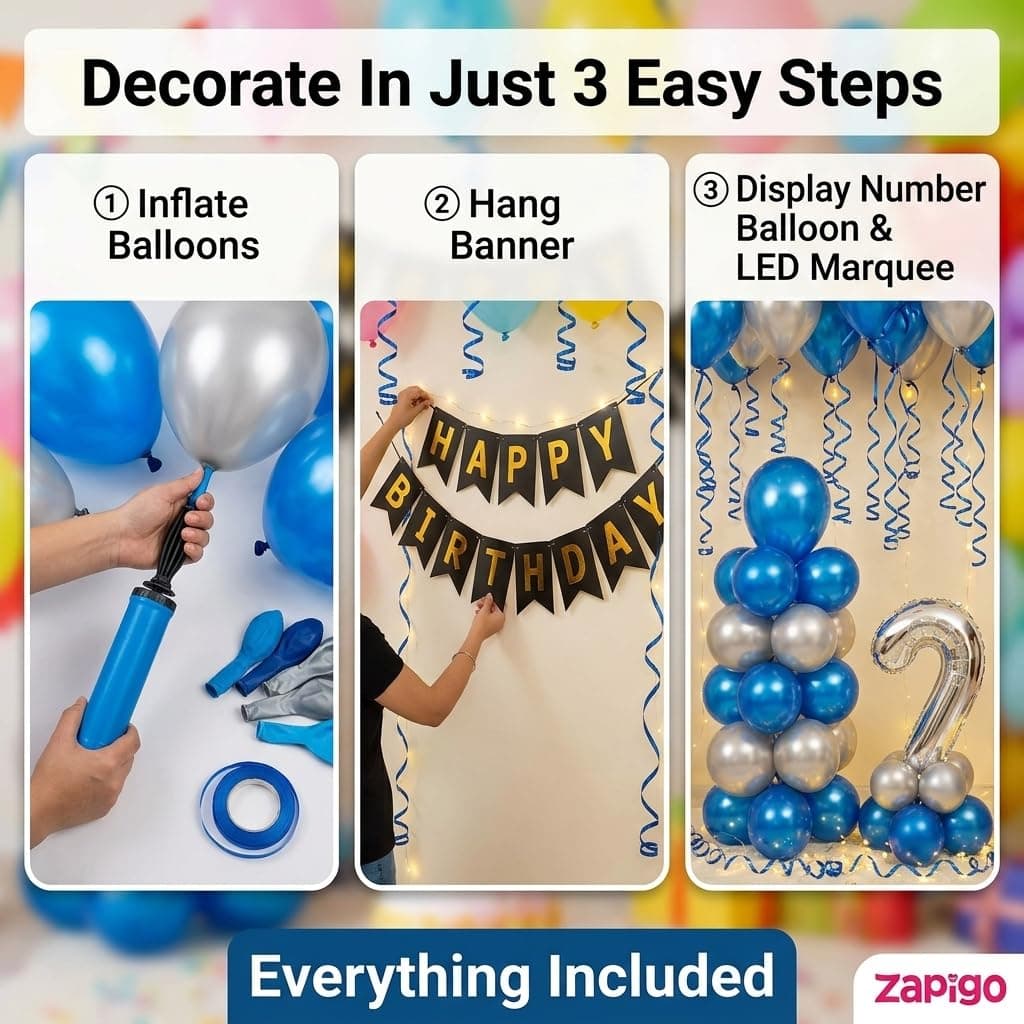 Balloonistics 4th Birthday Decoration Combo Kit - 40 Inch Silver Foil Number Balloon, LED Marquee Light, 50 Silver & Blue Balloons, Happy Birthday Banner, Balloon Pump & Glue Dots thumbnail 4