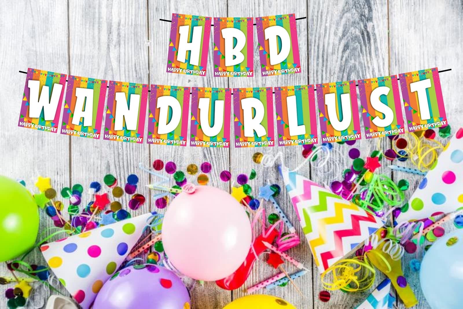 Balloonistics HBD Wandurlust Happy Birthday Banner - Vibrant Rainbow & Bunting Cardstock Bunting - Travel, Adventure & Explorer Theme Decorations, "Happy Birthday Wanderlust" Backdrop thumbnail 2