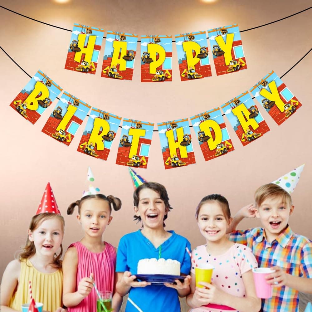 Balloonistics Little JCB Theme Happy Birthday Banner - Construction Zone Party Decoration - Premium Cardstock Yellow Digger & Excavator Bunting with Ribbons, Little Builder Birthday Backdrop (Happy Birthday Banner) thumbnail 3
