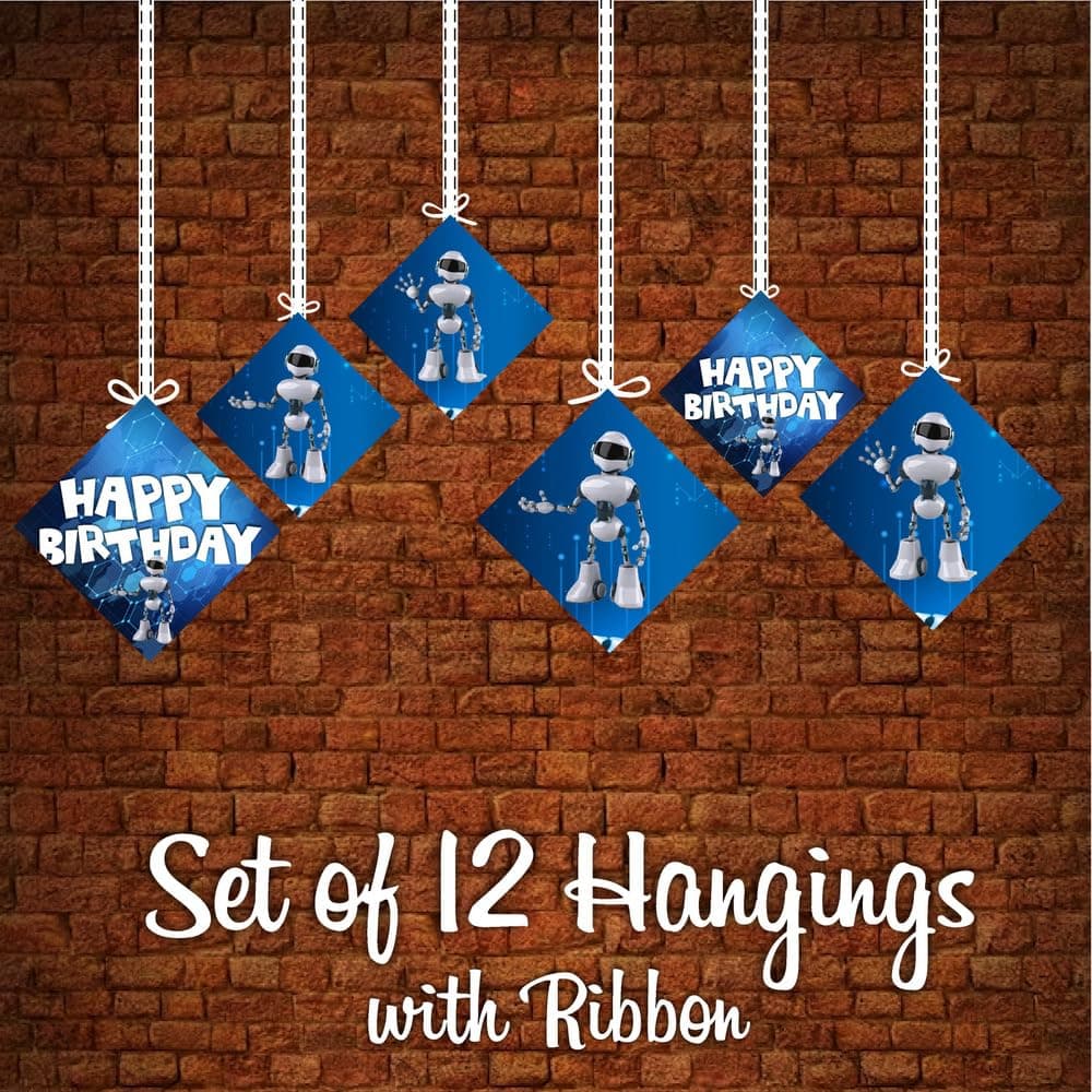 Balloonistics Robot Theme Happy Birthday Hanging Decorations - Pack of 12 Double-Sided Cardstock Cutouts with Hanging Ribbons - Futuristic Sci-Fi Party Decor for Ceiling, Walls & Windows, Space & Tech Theme (Hangings - Pack of 12) thumbnail 5