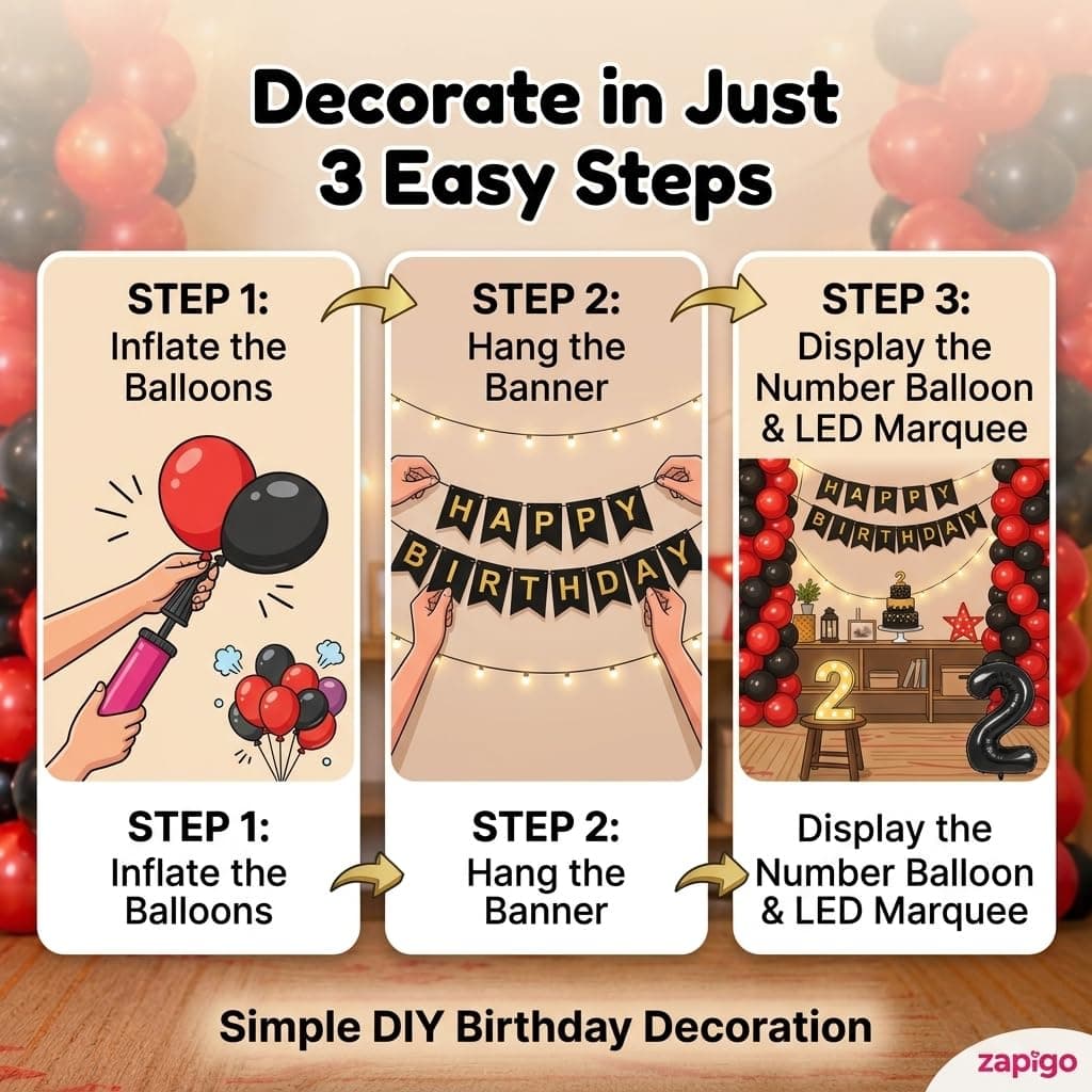 Balloonistics 6th Birthday Decoration Combo Kit - 40 Inch Black Foil Number Balloon, LED Marquee Light, 50 Black & Red Balloons, Happy Birthday Banner, Balloon Pump & Glue Dots thumbnail 3