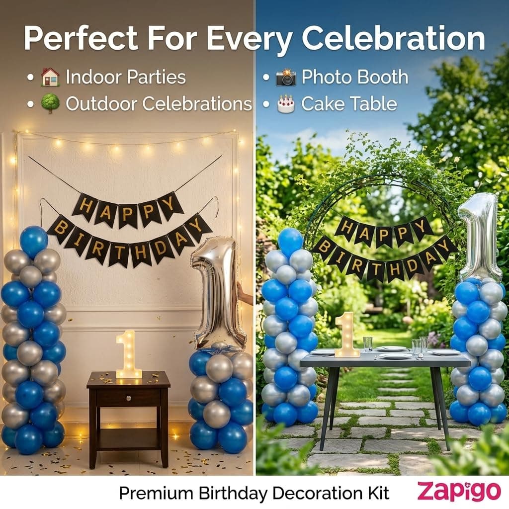 Balloonistics 4th Birthday Decoration Combo Kit - 40 Inch Silver Foil Number Balloon, LED Marquee Light, 50 Silver & Blue Balloons, Happy Birthday Banner, Balloon Pump & Glue Dots thumbnail 5