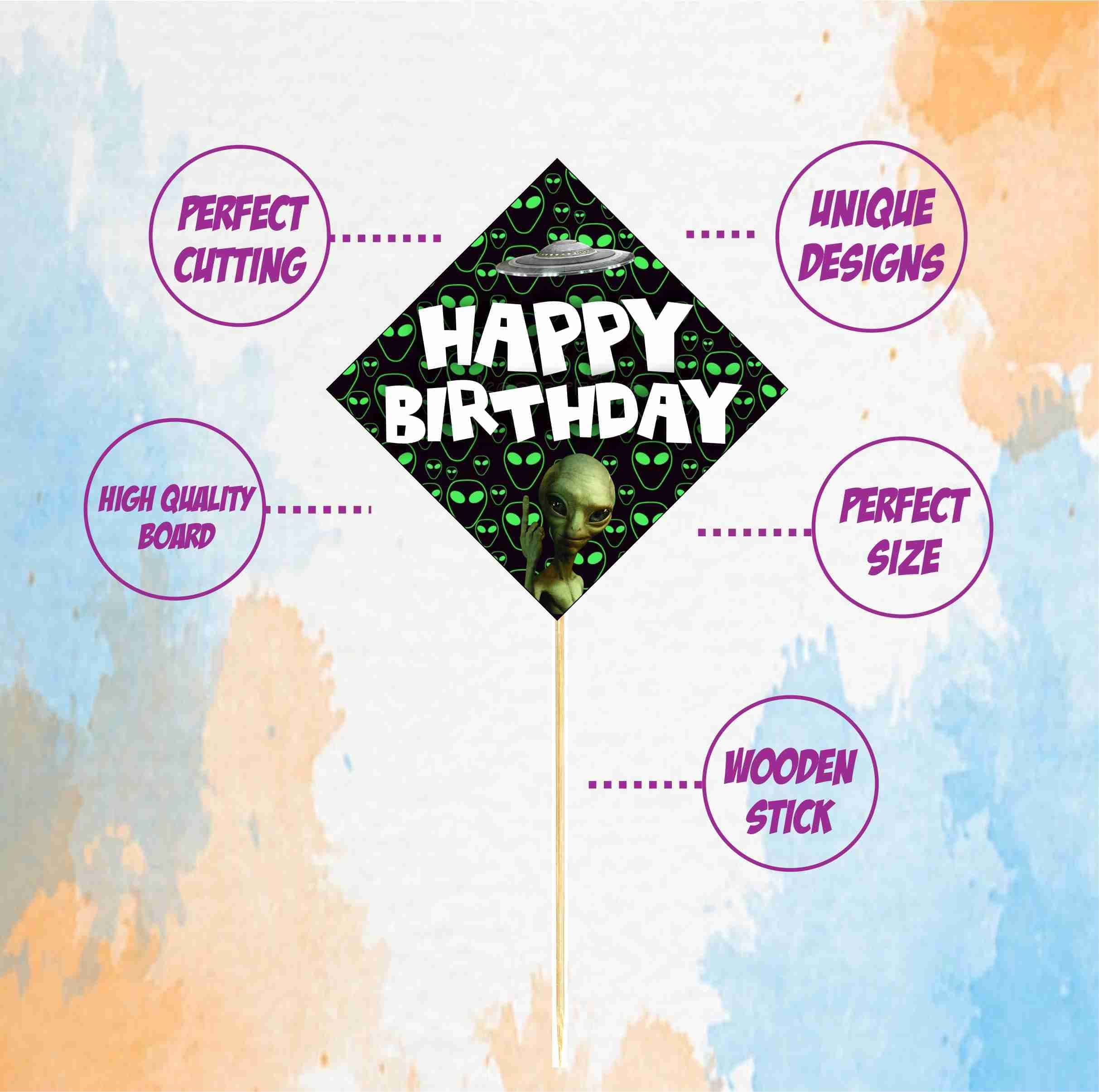 Balloonistics Aliens Theme Happy Birthday Cake Toppers - Pack of 10 Out of This World Galaxy & Outer Space Cake Decorations with Bamboo Sticks - Premium Cardstock "We Come in Peace" Toppers for UFO & Martian Theme Parties (Cake Topper - Pack of 10) thumbnail 5