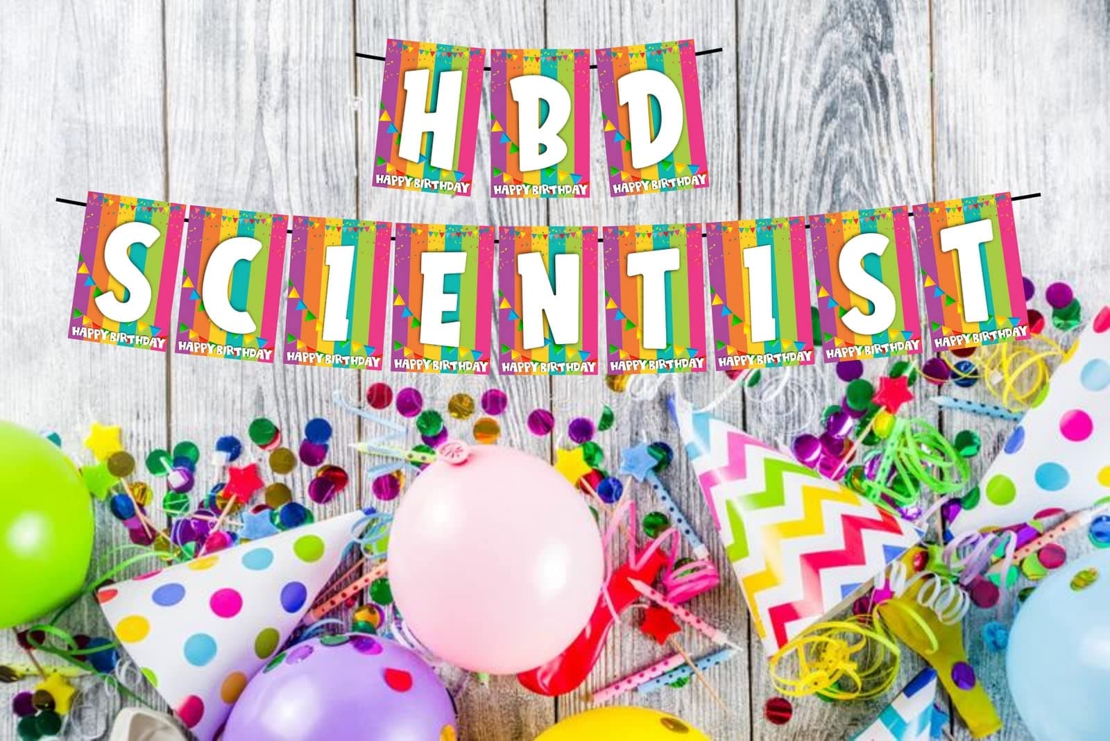 Balloonistics HBD Scientist Happy Birthday Banner - STEM & Lab Theme Rainbow Cardstock Bunting - Physics, Chemistry & Science Party Decorations, "Discover the Best Birthday" Backdrop thumbnail 2