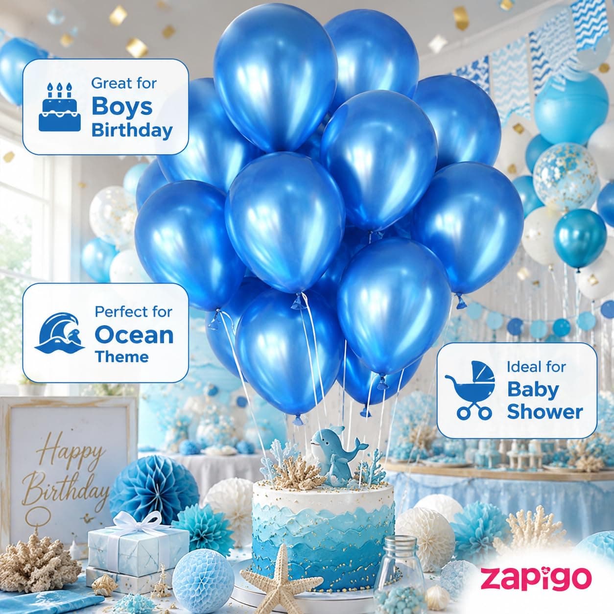 Balloonistics 50-Pack Metallic Blue Shiny Latex Balloons – HD Blue Balloons for Boys Birthday, Ocean Theme, Baby Shower & Party Decoration thumbnail 4