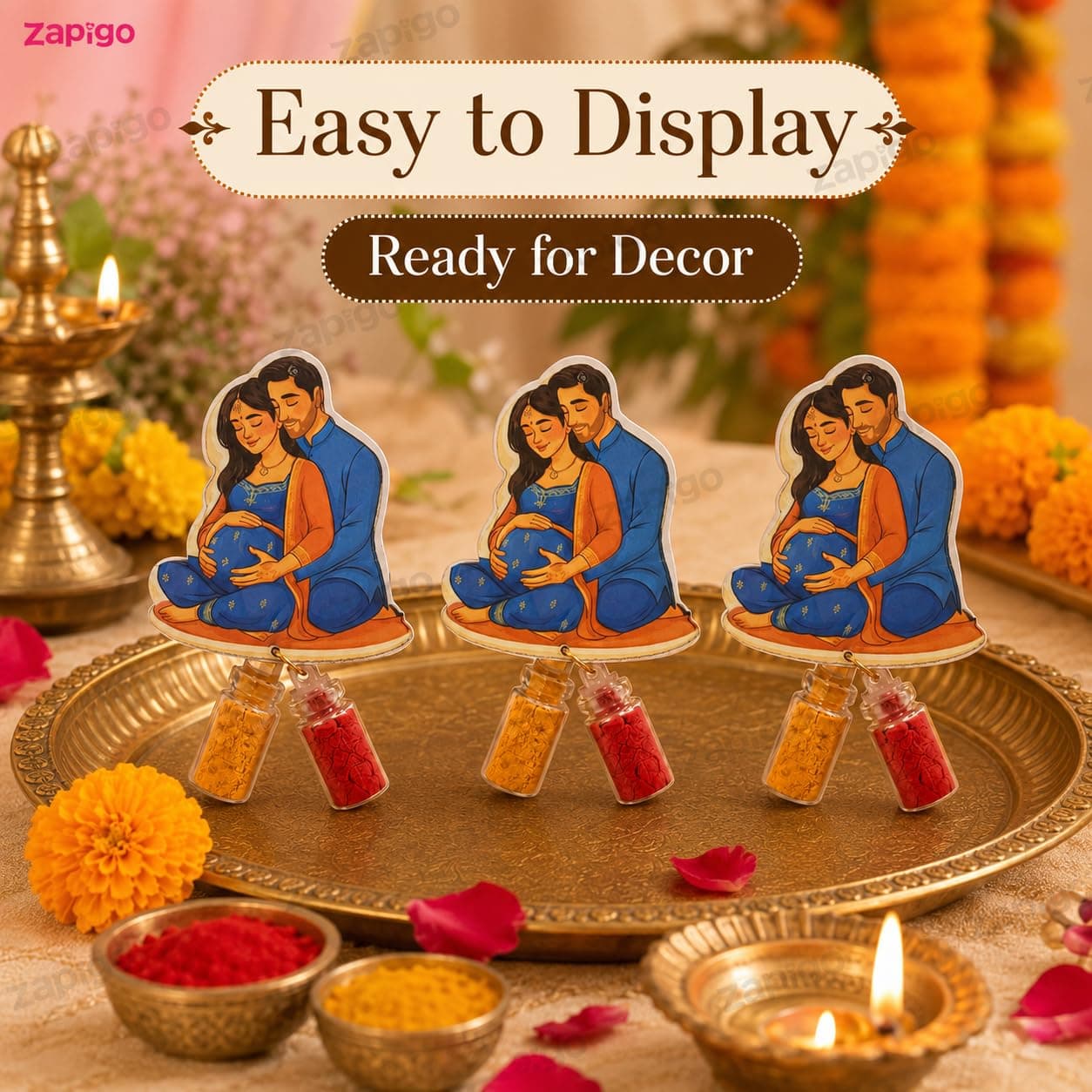 Habba Baby Shower Couple Haldi Kumkum Set for Guests, Printed Cut-Out with Mini Dome Glass Bottles of Haldi & Kumkum, Traditional Seemantham / Godh Bharai / Valaikappu Return Gift, Pack of 5 thumbnail 7
