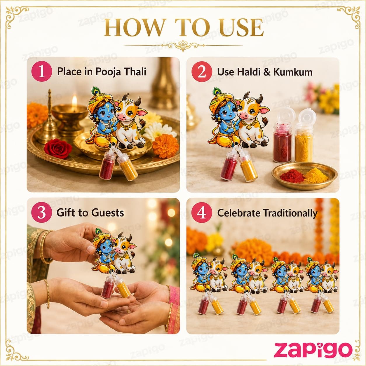 Habba Krishna & Cow Haldi Kumkum Set for Guests, Printed Cut-Out with Mini Dome Glass Bottles of Haldi & Kumkum, Traditional Janmashtami Pooja Return Gift (Gokulashtami, Krishna Pooja), Pack of 5 thumbnail 7