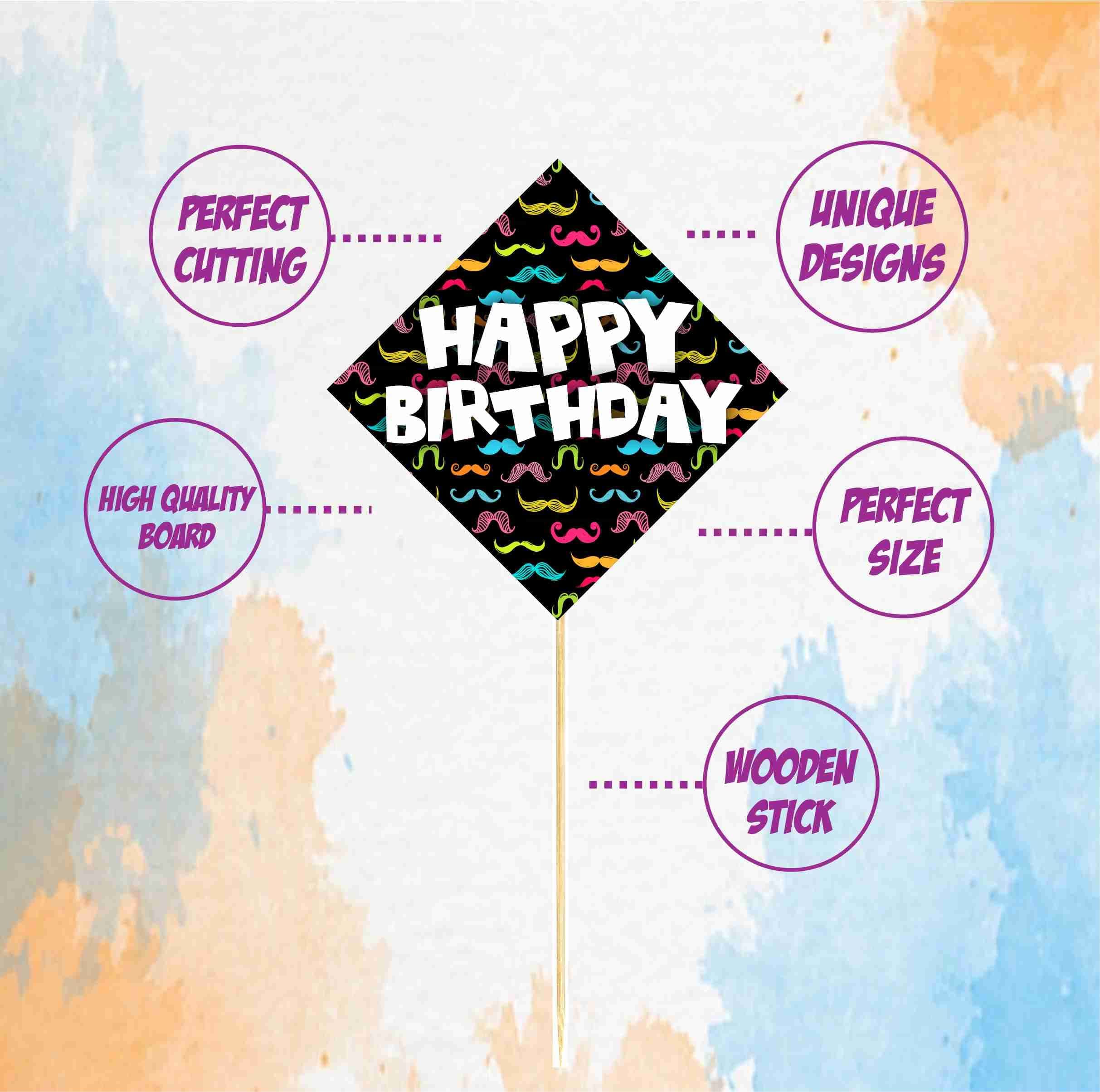 Moustache Theme Happy Birthday Cake Topper - Pack of 10 "Dapper & Dandy" Decorations - Black Handlebar Mustache & Bowtie Cake Picks, Little Man Birthday. (Cake Topper - Pack of 10) thumbnail 5