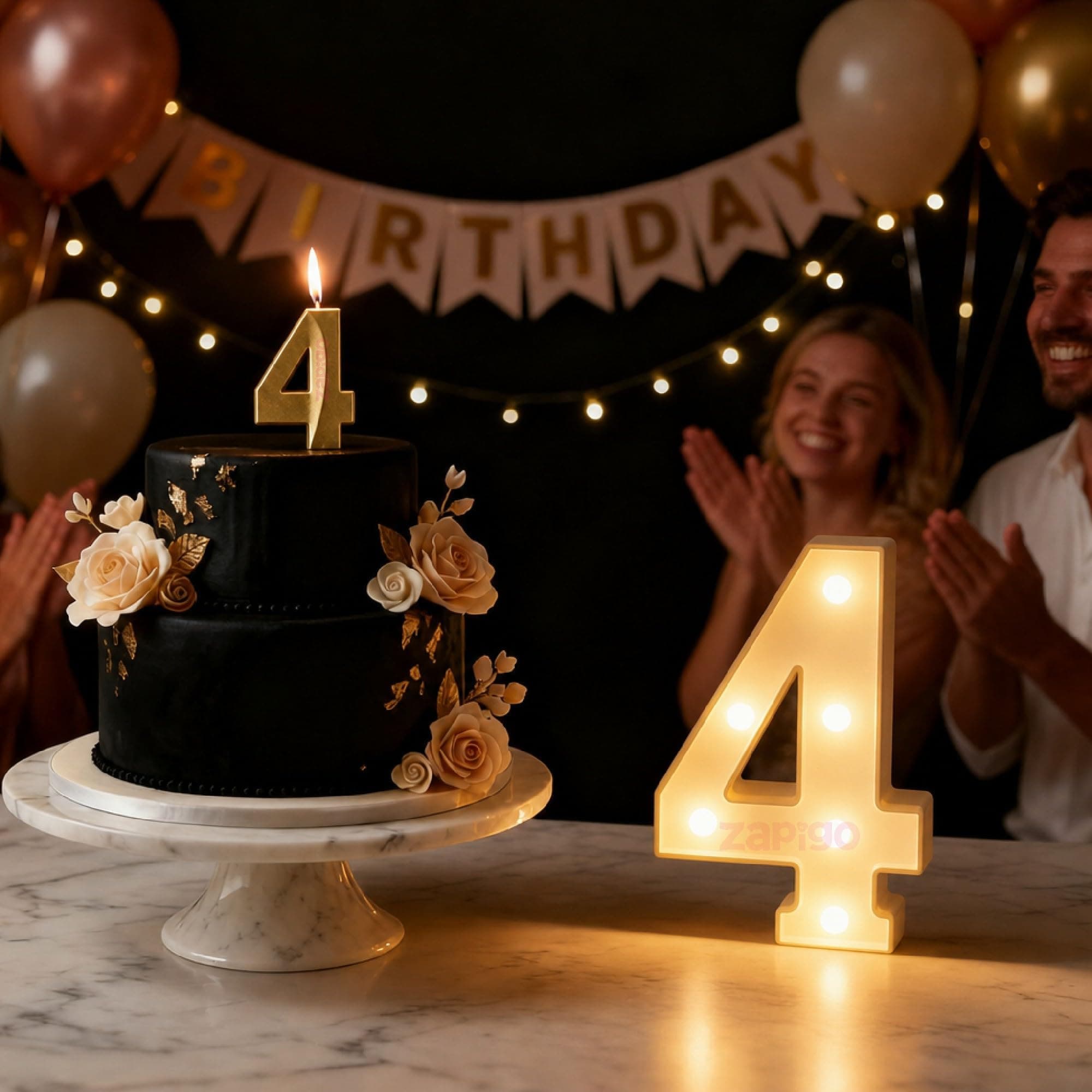 Balloonistics Number 4 LED Marquee Light & Gold Number 4 Birthday Candle Combo - 9-Inch Warm White Marquee Sign + Metallic Gold Cake Candle for 4th Birthday, Anniversary & Milestone Party Decoration thumbnail 1