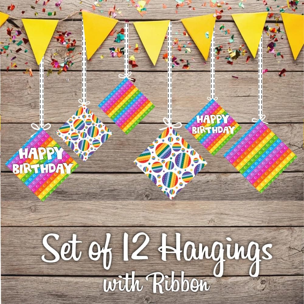 Balloonistics Pop It Theme Happy Birthday Hanging Decorations - Pack of 12 Double-Sided Cardstock Cutouts with Hanging Ribbons - Vibrant Fidget Toy Party Decor for Ceiling, Walls & Windows (Hangings - Pack of 12) thumbnail 2