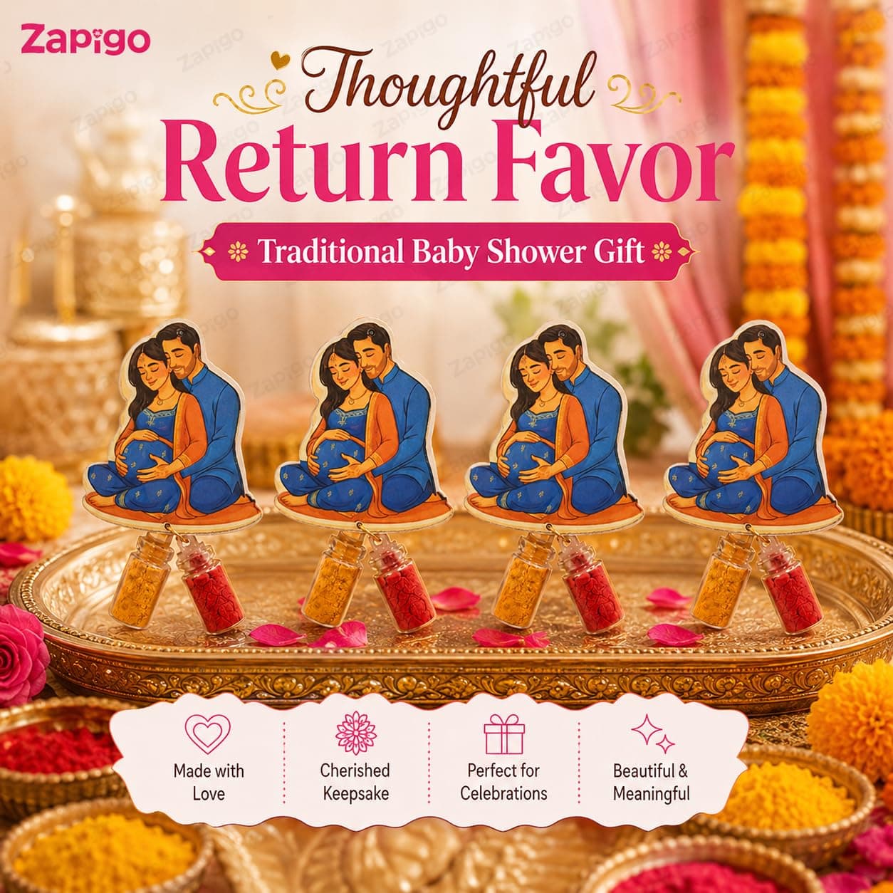 Habba Baby Shower Couple Haldi Kumkum Set for Guests, Printed Cut-Out with Mini Dome Glass Bottles of Haldi & Kumkum, Traditional Seemantham / Godh Bharai / Valaikappu Return Gift, Pack of 5 thumbnail 8