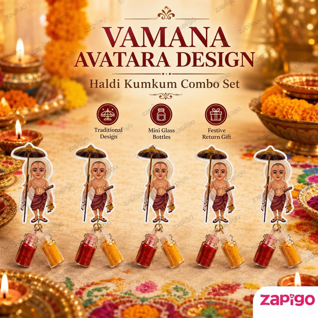 Habba Vamana Avatara Haldi Kumkum Set for Guests, Printed Cut-Out with Mini Dome Glass Bottles of Haldi & Kumkum, Traditional Onam, Vishnu Pooja, Satyanarayana Vratam & Griha Pravesh Return, Pack of 5 thumbnail 2