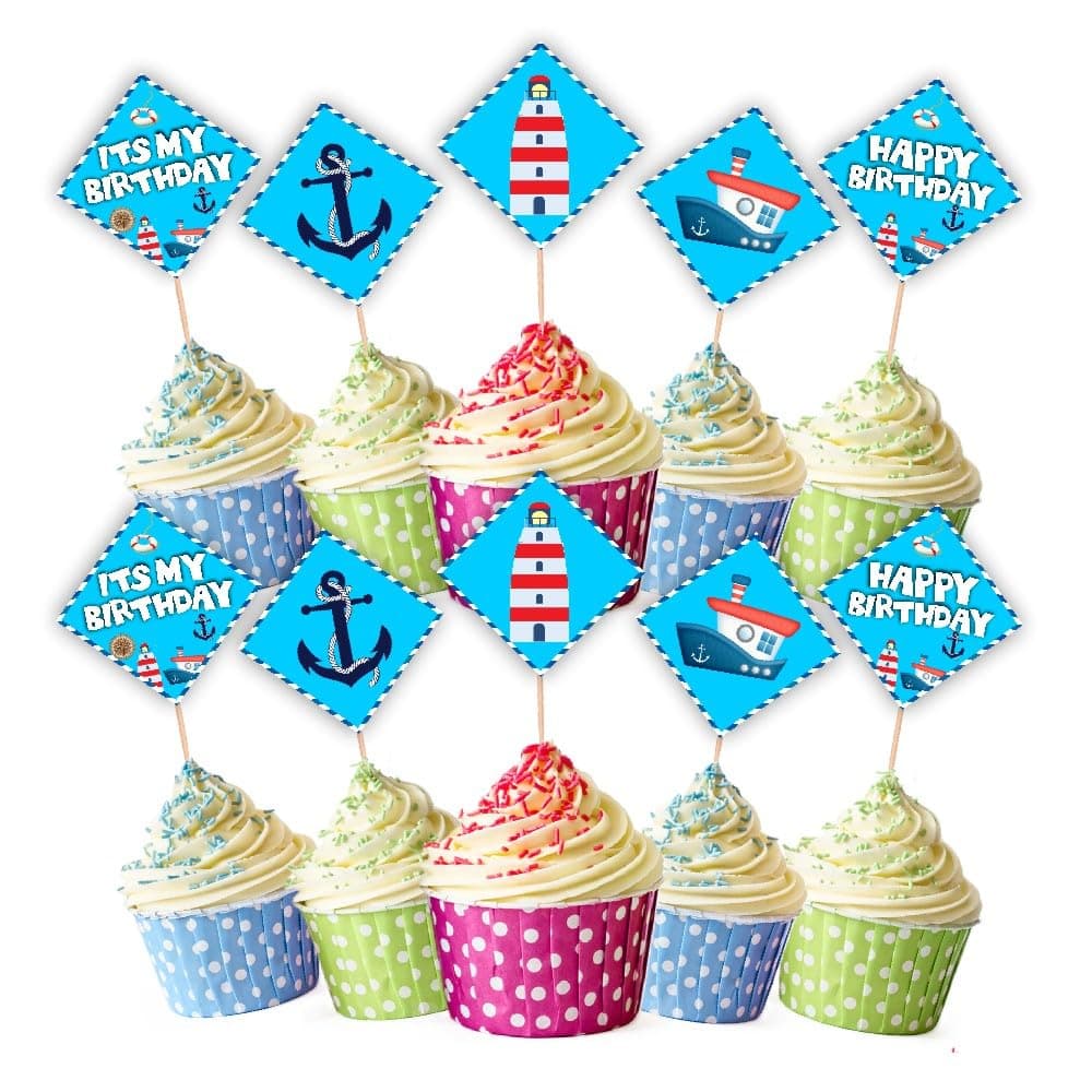 Balloonistics Sailor Theme Cupcake Toppers – Pack of 20 Premium Cardstock Cake Picks with Bamboo Sticks – Nautical Navy Blue & Red Decorations for Kids Birthdays, Baby Showers & Nautical Parties thumbnail 1