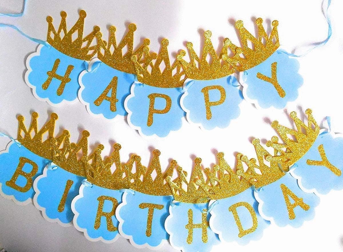 Balloonistics Happy Birthday Cardboard Banner with Glitter Crown – Blue Party Decoration Bundle for Boys Birthday, Royal Theme & Photo Backdrop thumbnail 1