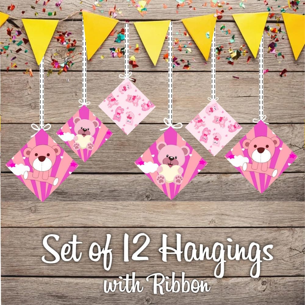 Balloonistics Pink Teddy Bear Happy Birthday Hanging Swirls - Pack of 12 Double-Sided Cardstock Streamers, Ceiling Decor for 1st Birthday Party thumbnail 2