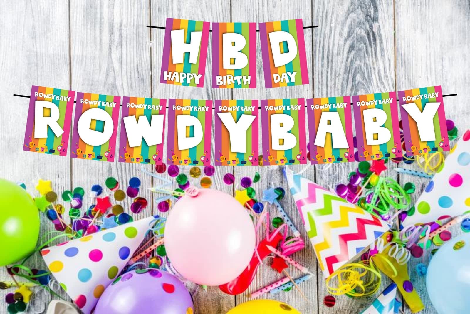 Balloonistics HBD Rowdy Baby Happy Birthday Banner - Vibrant Rainbow & Party Bird Cardstock Bunting - Fun First & Toddler Party Decorations, "Happy Birthday Rowdy Baby" Backdrop thumbnail 2