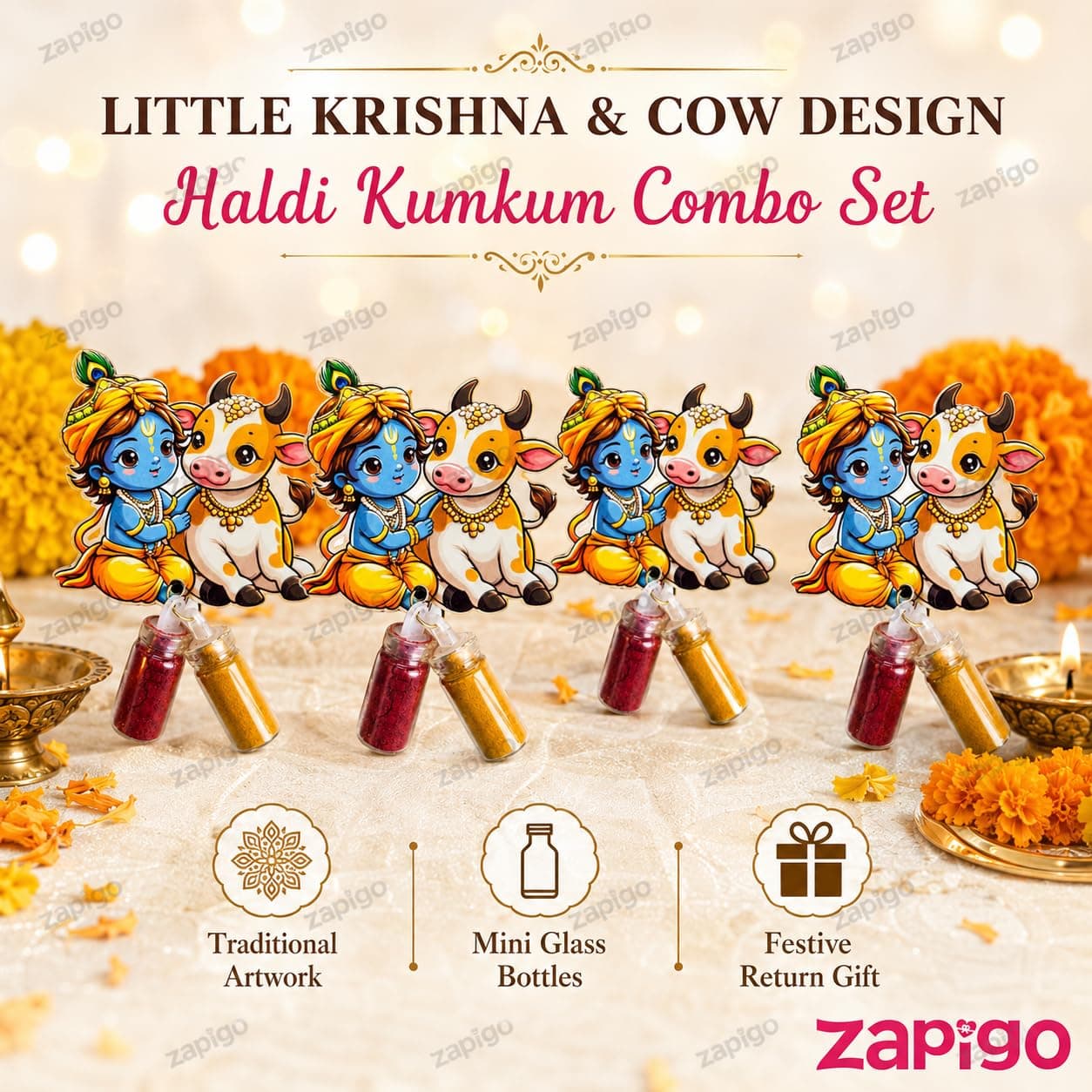 Habba Krishna & Cow Haldi Kumkum Set for Guests, Printed Cut-Out with Mini Dome Glass Bottles of Haldi & Kumkum, Traditional Janmashtami Pooja Return Gift, Pack of 10 thumbnail 2
