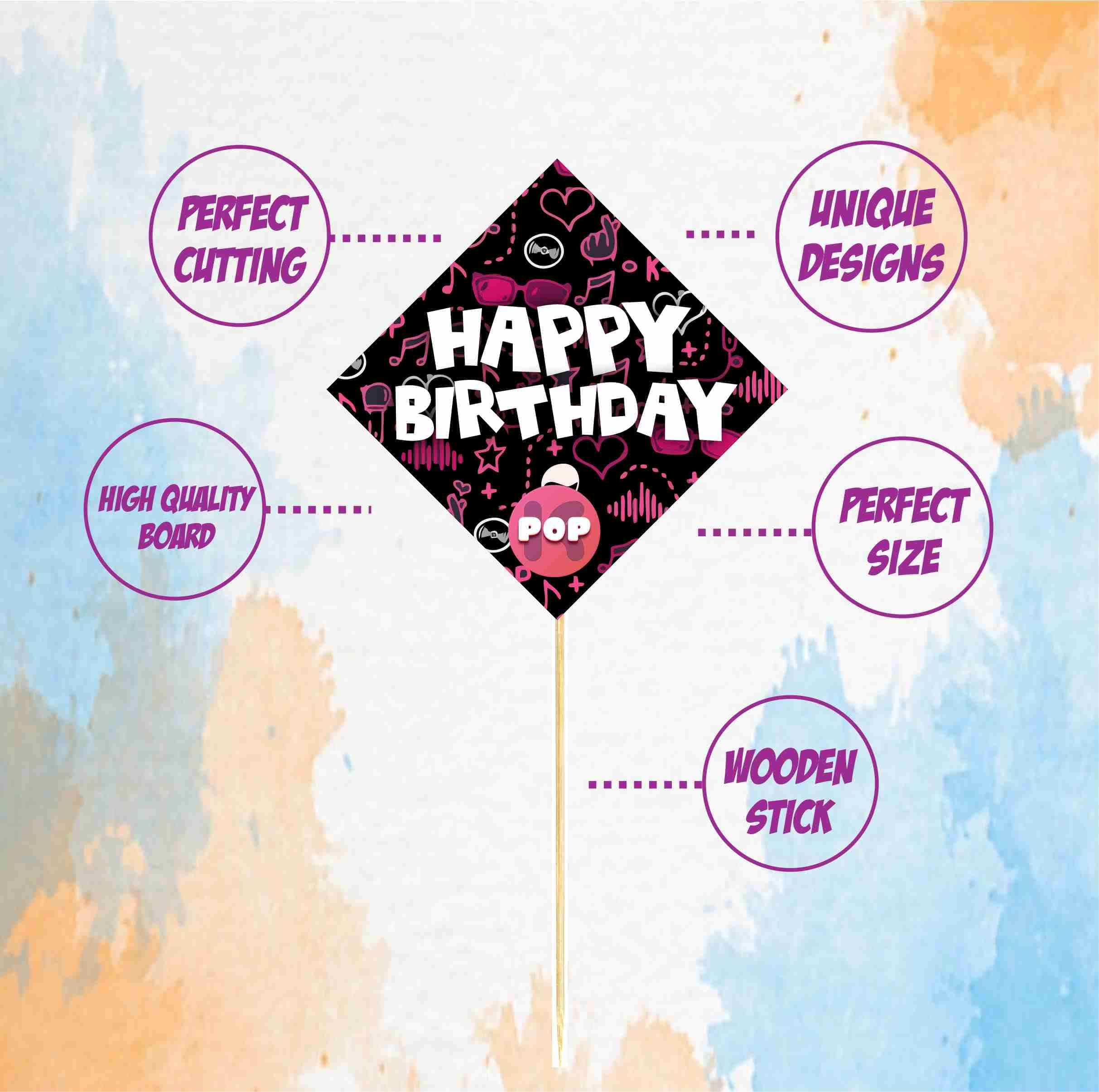 Balloonistics K-Pop Theme Happy Birthday Cake Topper -Social Media & Music Video Inspired Cake Picks - Premium Cardstock Toppers with Bamboo Sticks for Fans, Teens (Cake Topper - Pack of 10) thumbnail 5