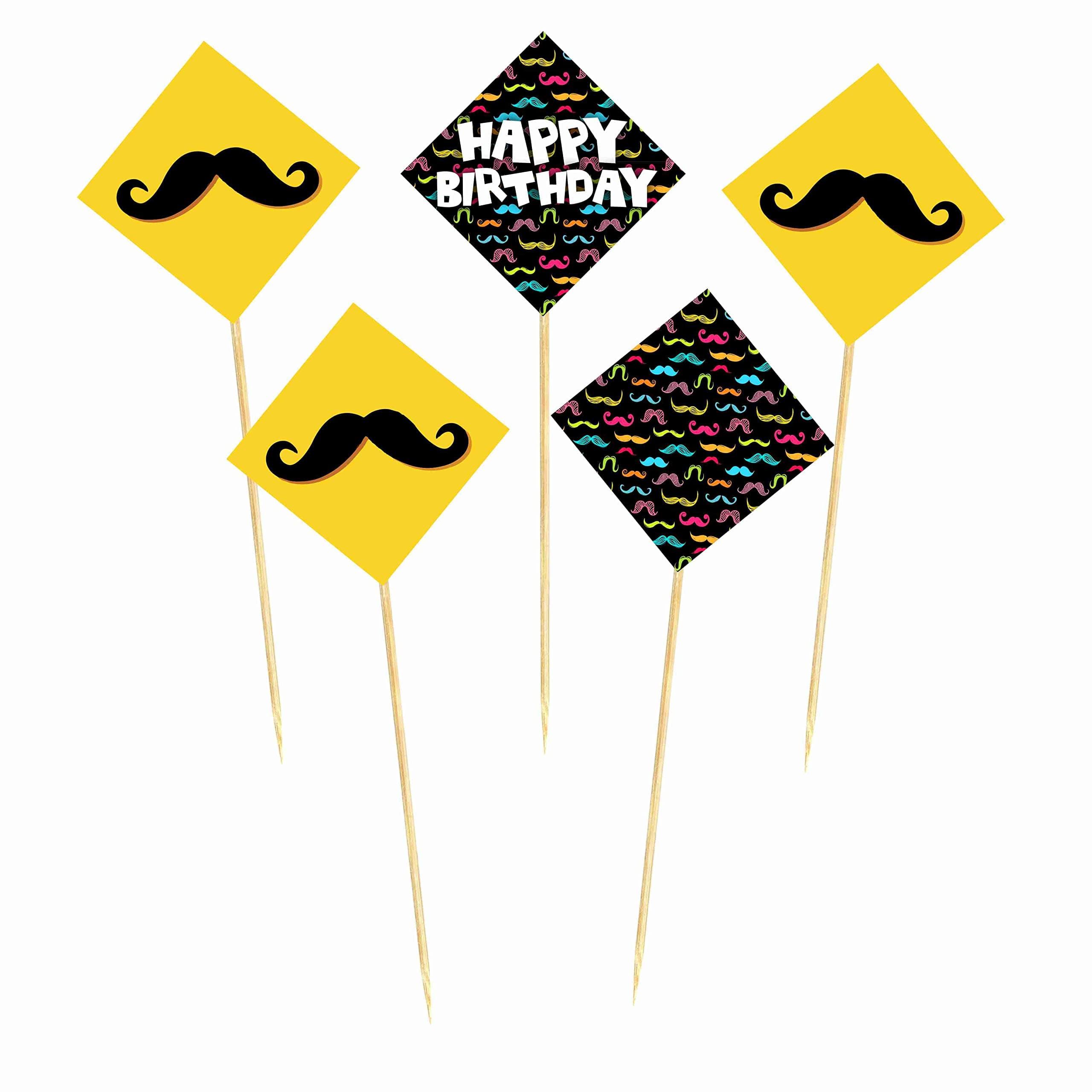 Moustache Theme Happy Birthday Cake Topper - Pack of 10 "Dapper & Dandy" Decorations - Black Handlebar Mustache & Bowtie Cake Picks, Little Man Birthday. (Cake Topper - Pack of 10) thumbnail 2