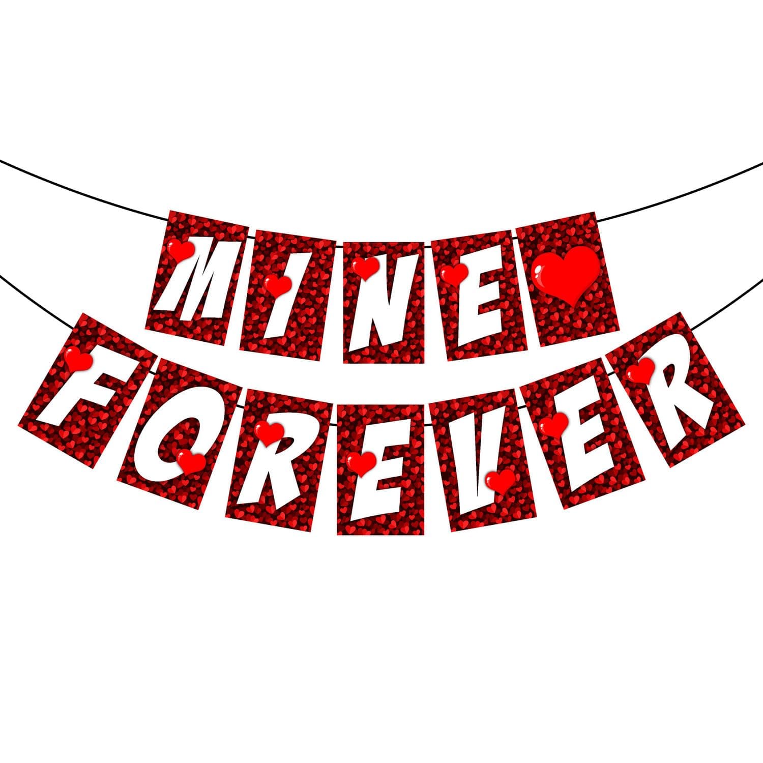 Balloonistics Mine Forever Banner - Red Glitter Heart Cardstock Bunting - Romantic Anniversary, Proposal & Valentine’s Day Decorations, "Mine Forever" Love-Themed Backdrop thumbnail 3