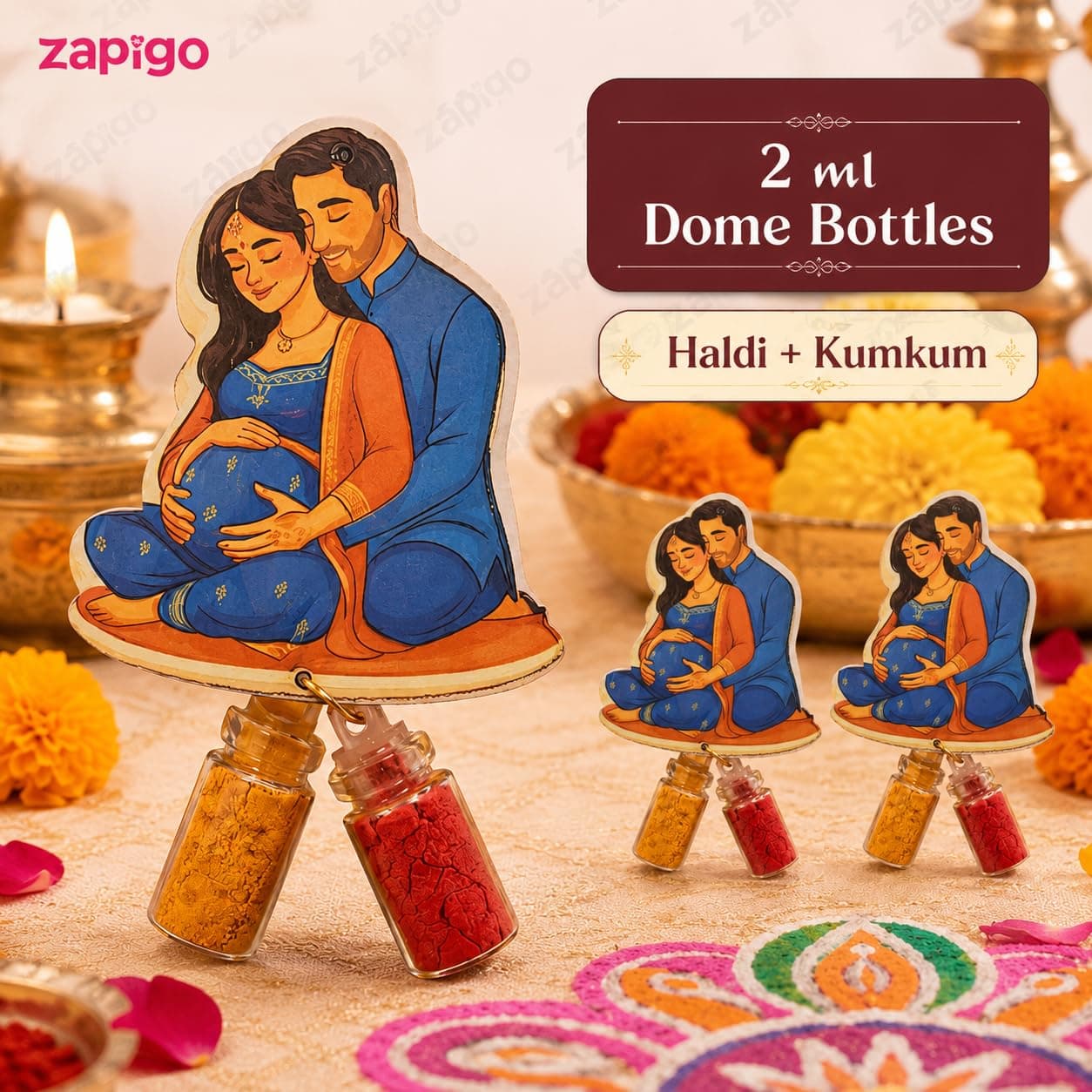 Habba Baby Shower Couple Haldi Kumkum Set for Guests, Printed Cut-Out with Mini Dome Glass Bottles of Haldi & Kumkum, Traditional Seemantham / Godh Bharai / Valaikappu Return Gift, Pack of 5 thumbnail 4