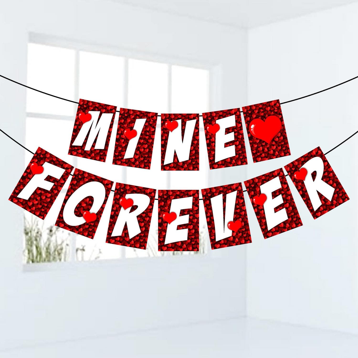 Balloonistics Mine Forever Banner - Red Glitter Heart Cardstock Bunting - Romantic Anniversary, Proposal & Valentine’s Day Decorations, "Mine Forever" Love-Themed Backdrop thumbnail 2