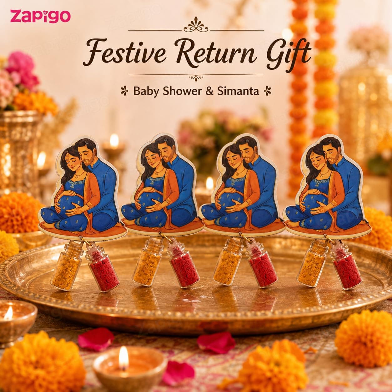 Habba Baby Shower Couple Haldi Kumkum Set for Guests, Printed Cut-Out with Mini Dome Glass Bottles of Haldi & Kumkum, Traditional Seemantham / Godh Bharai / Valaikappu Return Gift, Pack of 5 thumbnail 2
