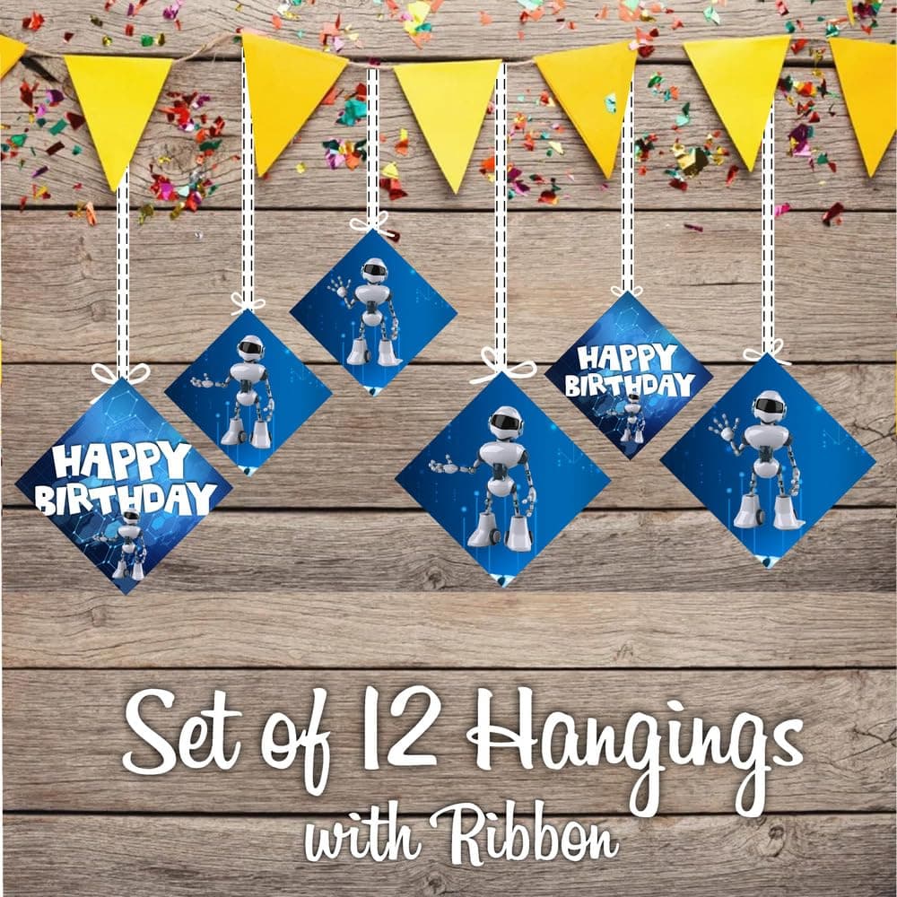 Balloonistics Robot Theme Happy Birthday Hanging Decorations - Pack of 12 Double-Sided Cardstock Cutouts with Hanging Ribbons - Futuristic Sci-Fi Party Decor for Ceiling, Walls & Windows, Space & Tech Theme (Hangings - Pack of 12) thumbnail 2