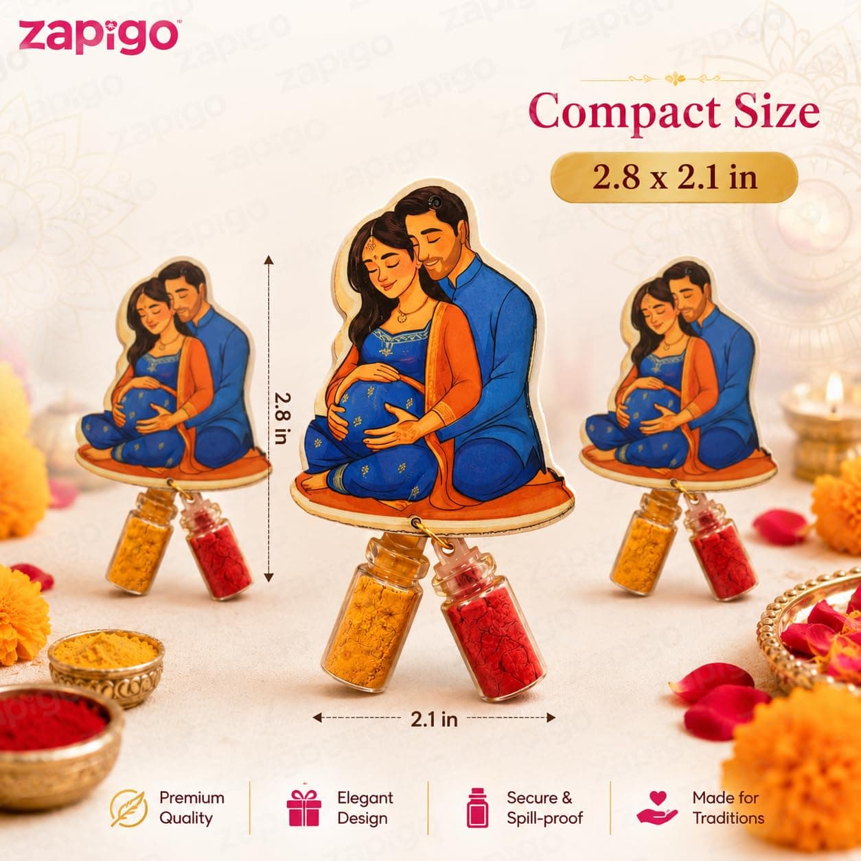 Habba Baby Shower Couple Haldi Kumkum Set for Guests, Printed Cut-Out with Mini Dome Glass Bottles of Haldi & Kumkum, Traditional Seemantham / Godh Bharai / Valaikappu Return Gift, Pack of 5 thumbnail 3
