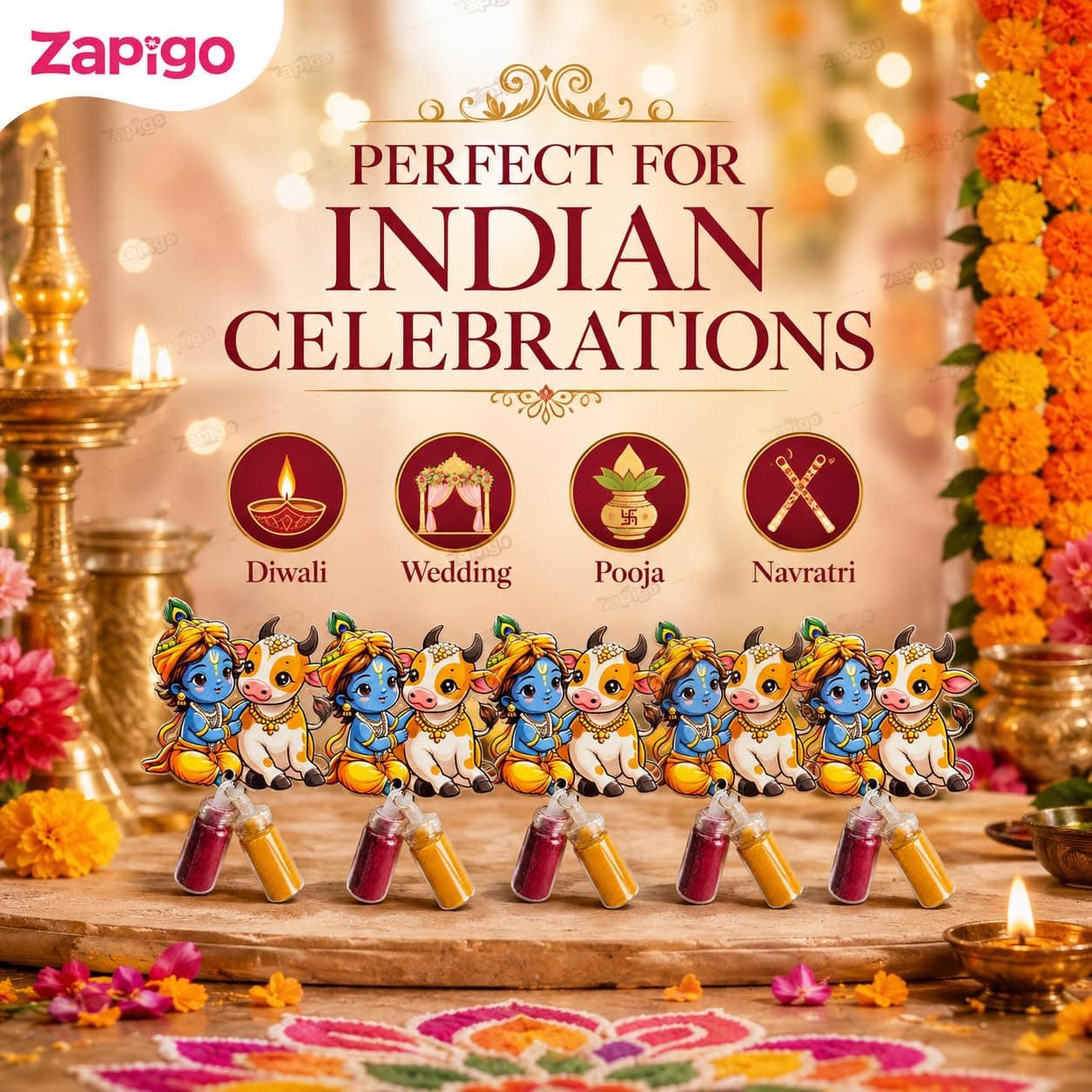 Habba Krishna & Cow Haldi Kumkum Set for Guests, Printed Cut-Out with Mini Dome Glass Bottles of Haldi & Kumkum, Traditional Janmashtami Pooja Return Gift (Gokulashtami, Krishna Pooja), Pack of 5 thumbnail 5
