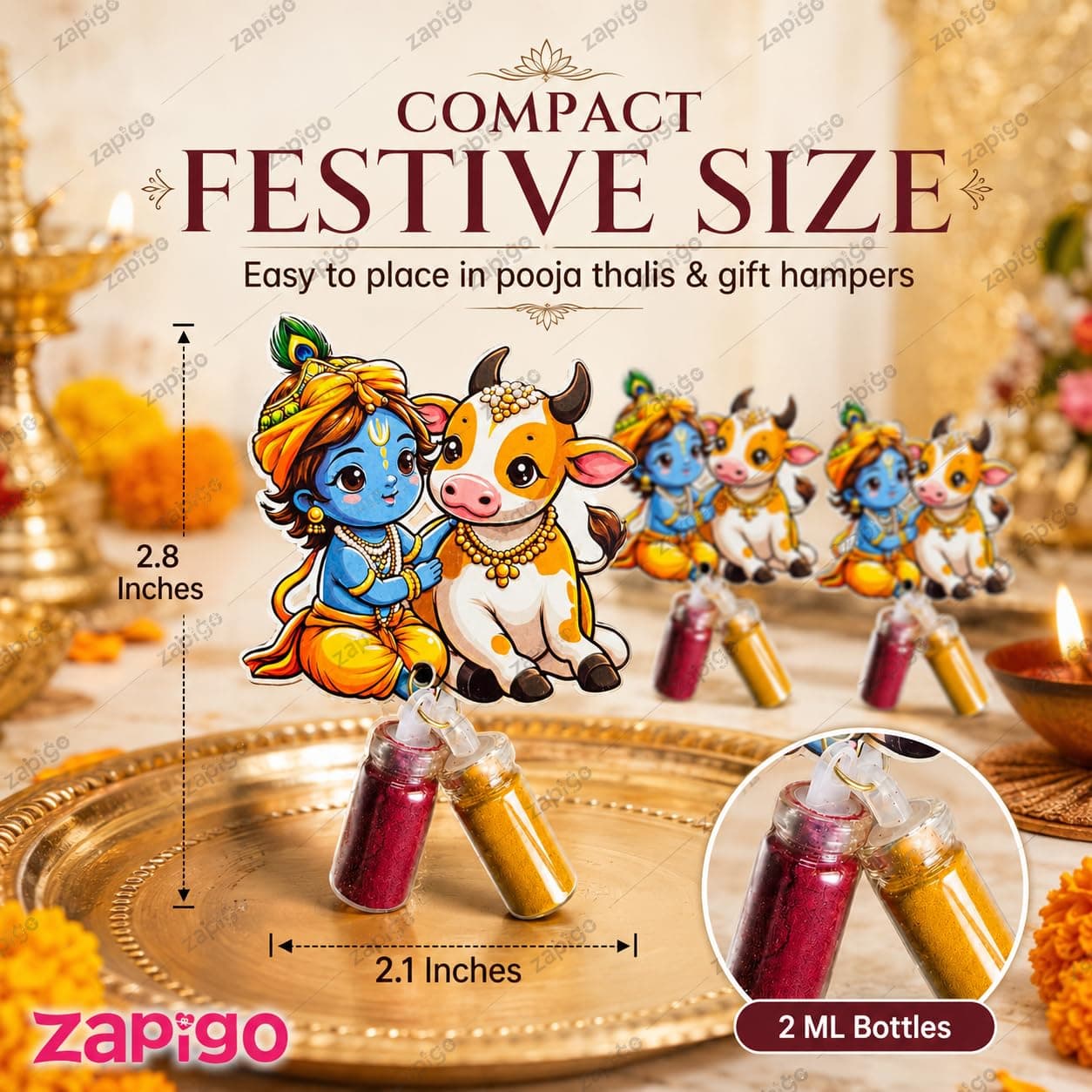 Habba Krishna & Cow Haldi Kumkum Set for Guests, Printed Cut-Out with Mini Dome Glass Bottles of Haldi & Kumkum, Traditional Janmashtami Pooja Return Gift (Gokulashtami, Krishna Pooja), Pack of 5 thumbnail 3