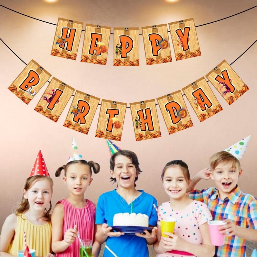 Balloonistics Basketball Theme Happy Birthday Banner Premium Cardstock Sports Theme Backdrop for Birthday Decoration with Ribbon for Kids (Happy Birthday Banner) thumbnail 3