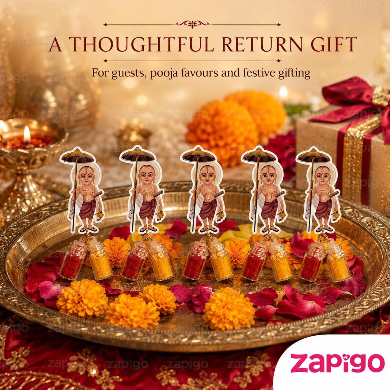 Habba Vamana Avatara Haldi Kumkum Set for Guests, Printed Cut-Out with Mini Dome Glass Bottles of Haldi & Kumkum, Traditional Onam, Vishnu Pooja, Satyanarayana Vratam & Griha Pravesh Return, Pack of 5 thumbnail 5