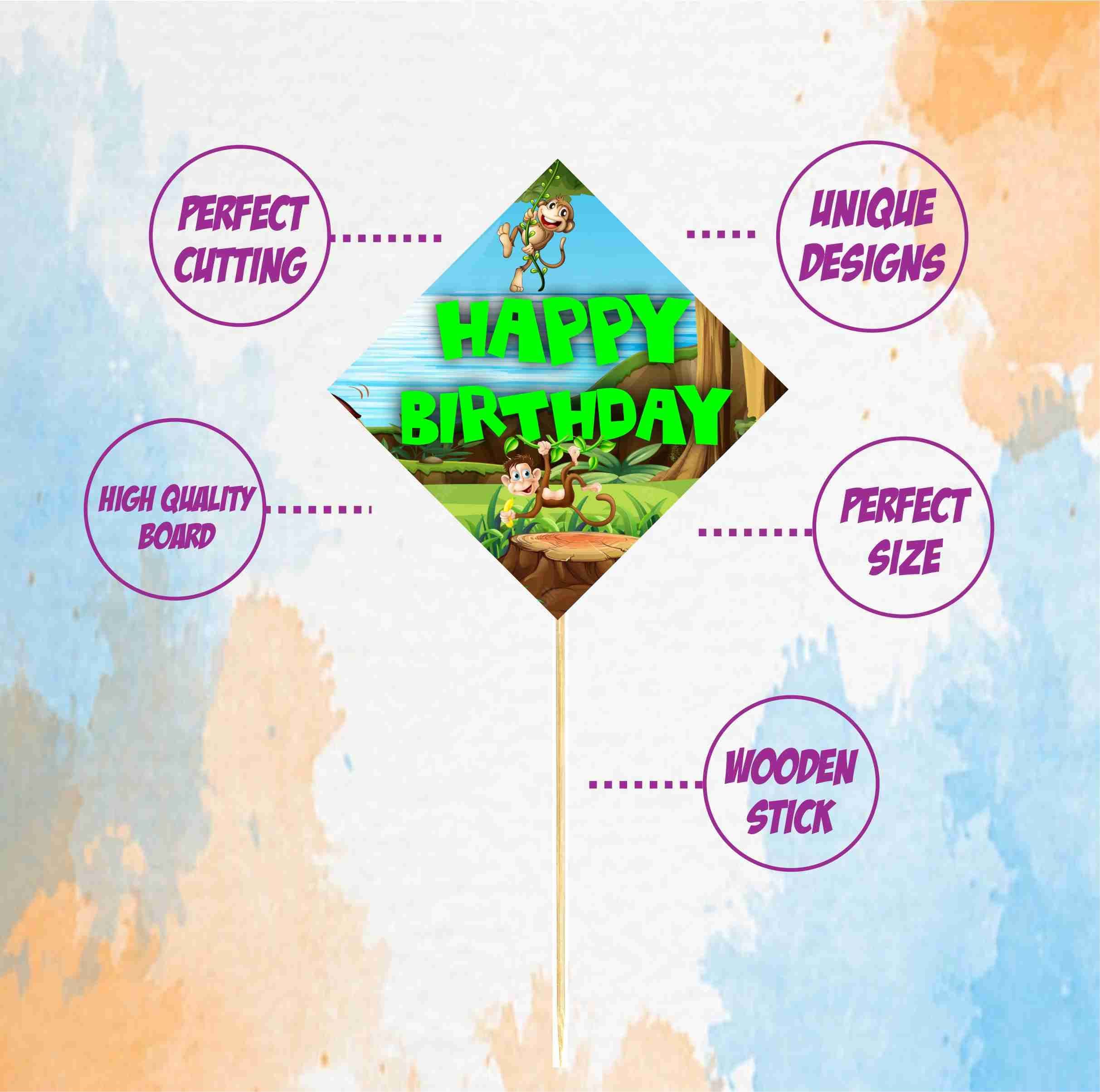 Balloonistics Monkey Theme Happy Birthday Cake Topper - Pack of 10 Jungle Safari Cupcake & Cake Decorations - Premium Cardstock Monkey Figures on Bamboo Sticks, Wild One Zoo Party Supplies for Kids (Cake Topper - Pack of 10) thumbnail 5