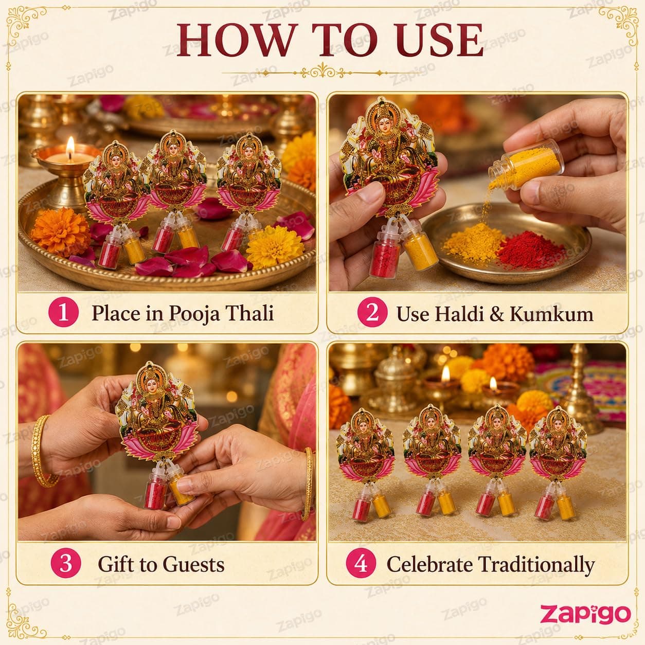 Habba Gaja Lakshmi Haldi Kumkum Set for Guests, Printed Cut-Out with Mini Dome Glass Bottles of Haldi & Kumkum, Traditional Varalakshmi Vratham, Deepavali, Navratri, Dhanteras, Griha, Pack of 10 thumbnail 7