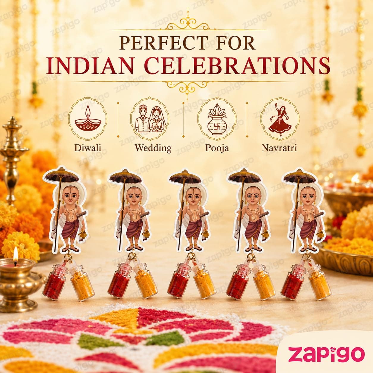 Habba Vamana Avatara Haldi Kumkum Set for Guests, Printed Cut-Out with Mini Dome Glass Bottles of Haldi & Kumkum, Traditional Onam, Vishnu Pooja, Satyanarayana Vratam & Griha Pravesh Return, Pack of 5 thumbnail 4