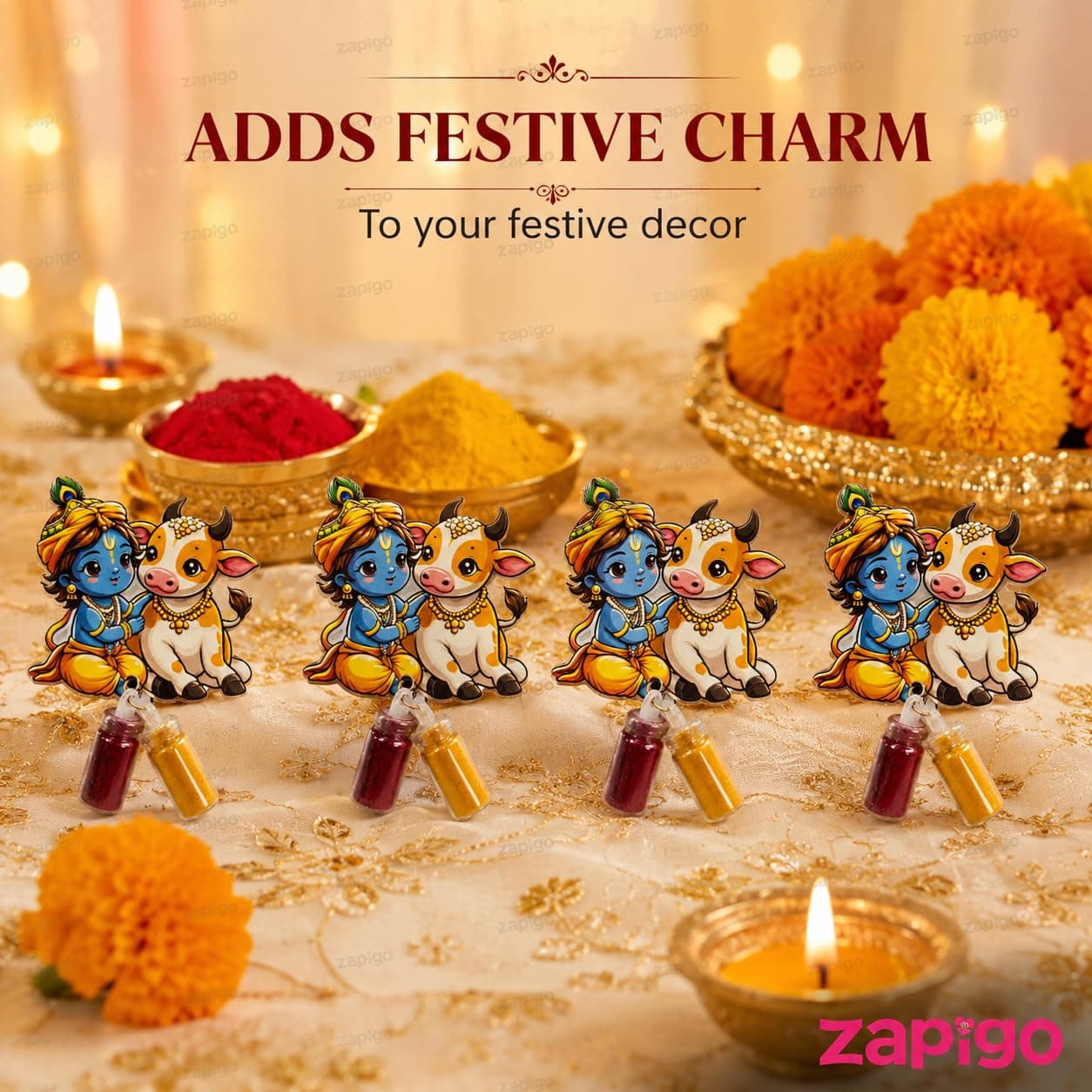 Habba Krishna & Cow Haldi Kumkum Set for Guests, Printed Cut-Out with Mini Dome Glass Bottles of Haldi & Kumkum, Traditional Janmashtami Pooja Return Gift, Pack of 10 thumbnail 8